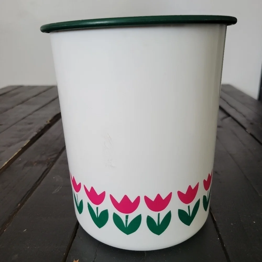Tupperware Vintage White Plastic Canister Jar Green Lid Pink Tulips Flowers